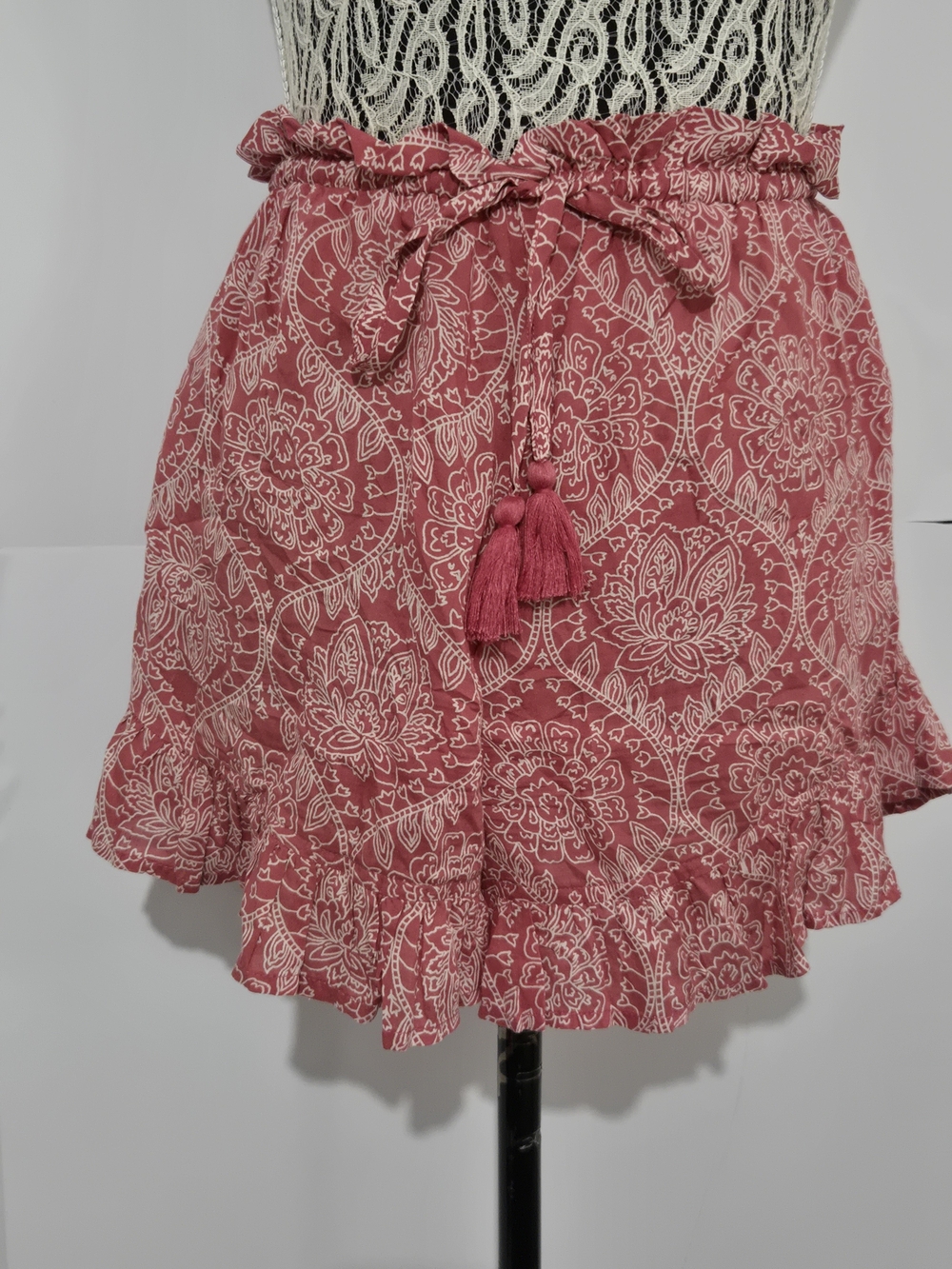 Elan Rose Pink Printed Ruffle Mini Shorts with Tassel Tie